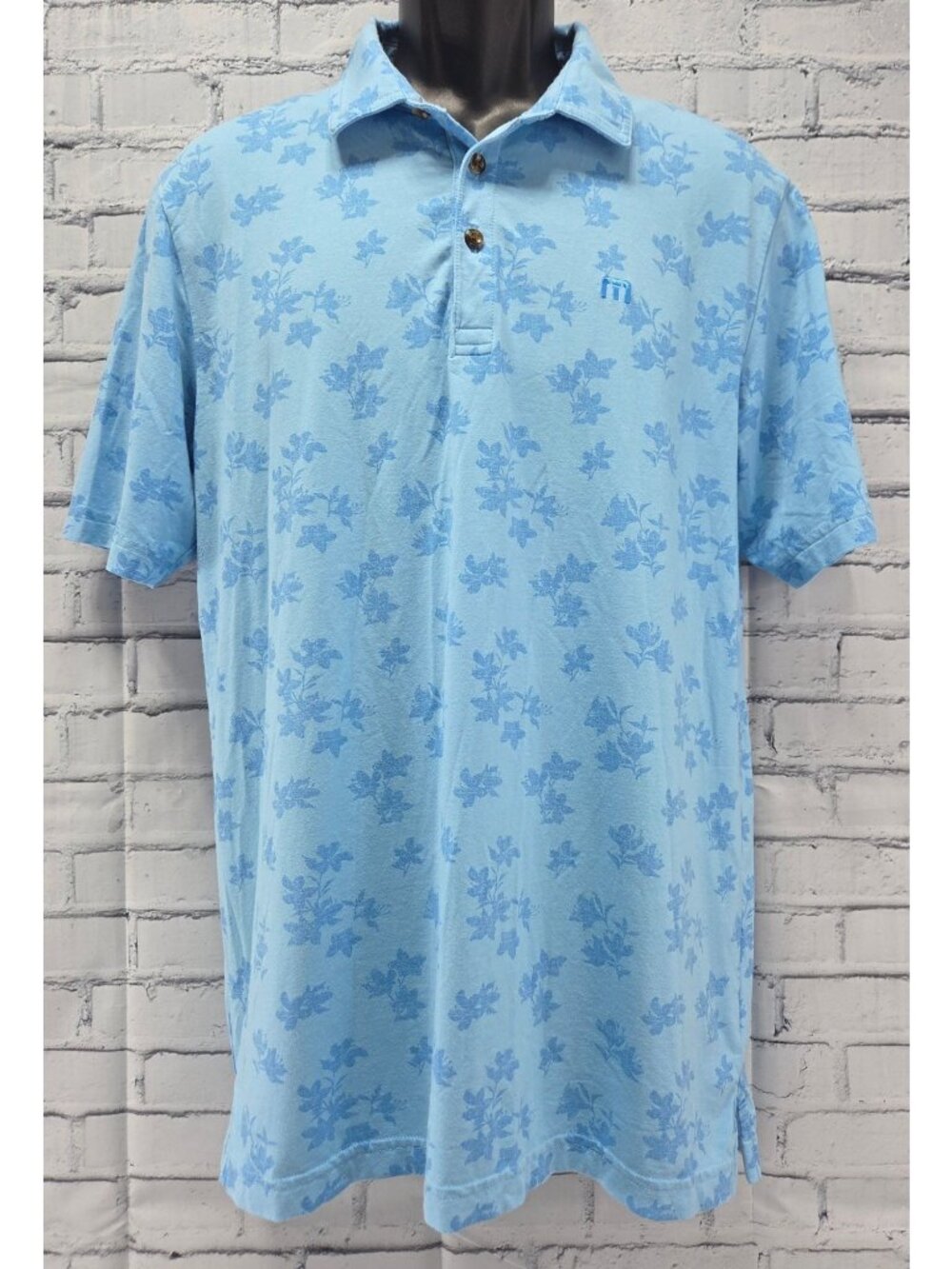 Travis Mathew Mens Blue Floral Polo Shirt Medium Cotton Modal Blend Peru